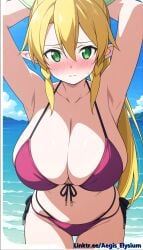 1girls aegis_elysium ai ai-generated ai_art ai_generated alfheim_online armpits arms_behind_back arms_up ass background bandai_namco beach bikini blonde_hair blush blushing_at_viewer border bra breasts camera_view cleavage cloud clouds day earrings elf elf_ears fairy female female_focus floor gem green_eyes hair_ornament headpiece highres holding horny huge_breasts indoors jewelry kirigaya_suguha large_breasts leafa lewd long_hair looking_at_viewer looking_up mountain mountains naughty navel nervous ocean on_bed ponytail ribbon room sea seaside shy skirt sky solo solo_focus standing sword_art_online thick_breasts thick_thighs thighs tiara vegetation very_long_hair water watermark wet wood wooden_floor