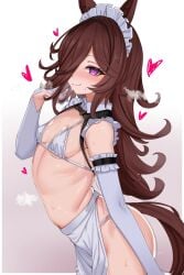 alternate_costume bikini blush breath brown_hair elbow_gloves female female_only gloves hair_over_one_eye horse_ears horse_girl horse_tail kemonomimi long_hair looking_at_viewer maid_headdress purple_eyes rice_shower_(umamusume) small_breasts solo sweat umamusume umamusume_pretty_derby waist_apron white_bikini white_gloves