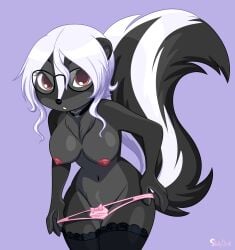 2020 anthro bare_breasts bow_(feature) bow_in_front bow_panties bow_underwear breasts clothed clothing clothing_bow clothing_pull diana_rayablanca eyewear female fluffy fluffy_tail fur glasses grey_body grey_fur heart hi_res legwear looking_at_viewer mammal mephitid nipples panties panty_pull pink_bow pink_clothing pink_panties pink_underwear portrait ring_(hardware) skelly_doll skunk solo stockings tail thigh_highs three-quarter_portrait topless two_tone_tail underwear underwear_pull undressing white_hair