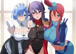 3girls ;d absurdres android armored_leotard bent_over black_leotard blue_eyes blue_gloves blue_hair blue_jacket blue_shorts commission commissioner_upload core_crystal_(xenoblade) covered_navel crop_top cropped_jacket crossover detached_sleeves gloves hair_ornament hair_over_one_eye hair_ribbon hand_on_another's_shoulder highres jacket leotard looking_at_viewer maid maid_headdress midriff multiple_crossover multiple_girls nintendo one_eye_closed open_mouth pokemon pokemon_bw poppi_(xenoblade) poppi_qtpi_(xenoblade) purple_hair re:zero_kara_hajimeru_isekai_seikatsu red_hair red_scarf rem_(re:zero) ribbon robot_ears roswaal_mansion_maid_uniform scarf short_hair short_hair_with_long_locks short_shorts shorts skeb_commission skyla_(pokemon) smile v wabimochi x_hair_ornament xenoblade_chronicles_(series) xenoblade_chronicles_2