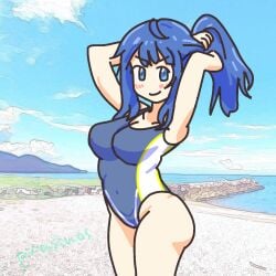 1girls alternate_hairstyle armpits arms_behind_head beach big_breasts blue_eyes blue_hair breasts busty cleavage confident covered_navel female female_only highres large_breasts legs looking_at_viewer make_heroine_ga_oo_sugiru! medium_hair ocean one-piece_swimsuit ponytail pose posing smile solo swimsuit thighs voluptuous water yanami_anna