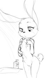 anthro bath black_and_white chest_tuft disney dotkwa female flat_chest flat_chested half-closed_eyes judy_hopps lagomorph mammal monochrome nipples nude pussy rabbit shower simple_background sketch solo tuft wet zootopia