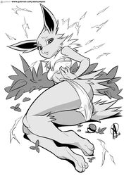 1girls anthro ass bare_shoulders breasts feet female furry jolteon looking_at_viewer monochrome panties panty_pull playfurry poke_ball pokemon pokemon_(species) solo tail text underboob undressing