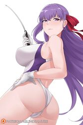1girls aslindsamure ass backless_outfit bangs bare_shoulders bb_(fate) blush breasts cameltoe competition_swimsuit eyebrows eyebrows_behind_hair eyelashes eyes fate/grand_order fate_(series) female from_behind gloves hair_ribbon hand_on_hip highleg highleg_swimsuit highres holding_object holding_riding_crop large_breasts long_hair looking_at_viewer looking_back multicolored_swimsuit one-piece_swimsuit pointer purple_eyes purple_hair purple_swimsuit pussy red_ribbon ribbon riding_crop simple_background solo swimsuit two-tone_swimsuit very_long_hair white_background white_gloves white_swimsuit