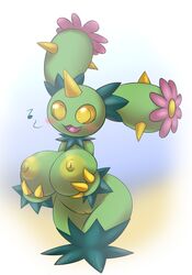 big_breasts blush breasts cactus female flora_fauna huge_breasts maractus metachoke musical_note nintendo nipples open_mouth plant pokemon pussy simple_background smile solo video_games white_background yellow_eyes