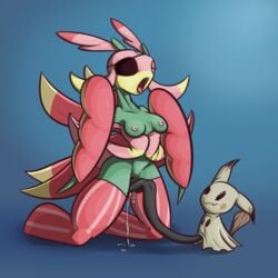 1girls alorix ambiguous_gender arthropod breasts eye_patch eyewear female insect interspecies lurantis mantis mimikyu nintendo orgasm pokemon pokemon_sm pussy pussy_juice simple_background yin-lee