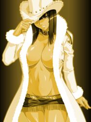 1girls cowboy_hat dark female female_only hourglass_figure kagami kagami_hirotaka large_breasts looking_at_viewer miss_all_sunday monochrome nico_robin nipples one_piece pre-timeskip skin slim_waist tagme villainess wide_hips yellow_theme