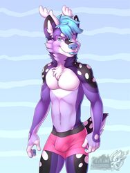 1boy 2017 abs antlers artist_logo blue_eyes blue_hair bulge chest_tuft dated furry looking_at_viewer male male_only mammal purple_fur tail tongue tongue_out underwear vallhund