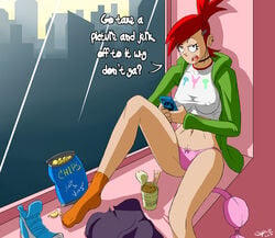 1girls black_choker bow_panties bra_removed cameltoe cartoon_network casper_(artist) chips_(food) clothing cup_noodles ear_piercing english_text facing_viewer female foster's_home_for_imaginary_friends frankie_foster green_hoodie high_ponytail hood_down human indoors junk_food knee_up looking_at_viewer medium_breasts midriff navel nipple_bulge noodles orange_socks panties pink_bra pink_panties red_hair sitting skirt_removed socks solo speech_bubble text white_shirt window windowsill