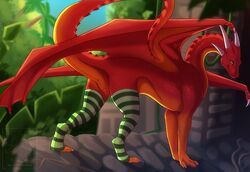 anus claws clothing detailed_background digitigrade dragon female feral green_eyes jungle legwear pinup pose pussy raised_tail reaver red_scales scales scalie slit smile solo stockings wing-of-chaos wings