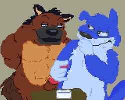 2boys anthro blue_fur blush boarball brown_fur cum cum_in_container erection fur furry gay handjob male male_only mammal multiple_boys no_nipples nude penis penis_milking pixel_art smile tail testicles truce