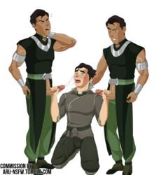 3boys artist_name aru-nsfw avatar_legends blush bolin brothers clothed clothing cum earth_kingdom gay handjob kneeling male male_only penis simple_background straight_hair the_legend_of_korra threesome twins uncensored wei_bei_fong white_background wing_bei_fong yaoi