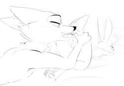 anal anthro ass_up bed black_and_white blush canine closed_eyes dialogue disney dotkwa duo female flat_chest flat_chested fox half-closed_eyes judy_hopps lagomorph lying male mammal monochrome nick_wilde nipples on_front oral rabbit rimming sex simple_background sketch straight sweat text zootopia