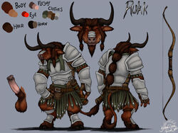 2012 animal_genitalia animal_penis anthro armor arrows bovine bow equine_penis erection fleatrollus full-length_portrait full_length horns horsecock knight mammal minotaur model_sheet penis portrait red_eyes rukk solo standing tail taur tauren