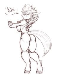 anthro ass big_breasts breasts dialogue english_text equine female horse looking_back mammal monochrome nipples nude pussy raised_tail sketch smile solo text watsup