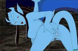 2016 4_fingers anus ass bat_wings black_hair blue_nipples blue_pussy blue_skin breasts disney fab3716 female gargoyle gargoyles hair looking_at_viewer looking_back membranous_wings nipples nude presenting presenting_pussy pubes pussy solo spread_pussy spreading turquesa wings