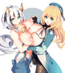 animal_ears areolae atago_(kantai_collection) bell blonde_hair breast_press breasts cow_ears cow_girl cow_print cow_tail cowbell crossover fur gloves green_eyes highres holstaurus holstaurus_(monster_girl_encyclopedia) horns huge_breasts kantai_collection monster_girl monster_girl_encyclopedia nipples overalls oxykoma shiny shiny_skin silver_hair simple_background sleeveless smile symmetrical_docking tail