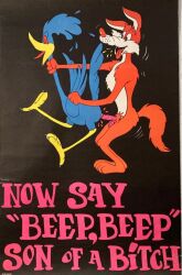 1971 20th_century ambiguous_gender ambiguous_penetrated ambiguous_penetration ancient_art anthro avian avian_feet beak bird black_background bloodshot_eyes blue_body blue_feathers bodily_fluids brown_body brown_fur canid canine canis coyote cuculiform duo feathers feet feral fingers forced fur genitals hi_res humanoid_genitalia humanoid_hands humanoid_penis looney_tunes male male/ambiguous male_penetrating male_penetrating_ambiguous mammal neck_grab new_world_ground_cuckoo nude penetration penile penile_penetration penis photo plantigrade poster predator/prey road_runner_(looney_tunes) roadrunner saliva sex simple_background smile talons teeth text toes unknown_artist warner_brothers wile_e._coyote