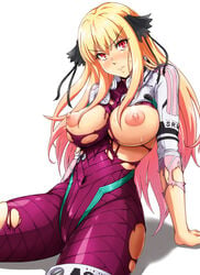 1girls b_button bangs blonde_hair blush bodysuit breasts female hair_ornament large_breasts long_hair looking_at_viewer nipples red_eyes ripped_clothing shatte_judevesten simple_background sitting skin_tight solo super_robot_wars sweat torn_clothes white_background