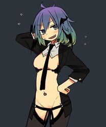 blue_hair blush breast_cutout breasts business_suit crotchless detached_collar female gradient_hair grey_background looking_at_viewer multicolored_hair navel_piercing necktie ootorii_bisetsu open_clothes open_mouth open_smile revealing_clothes solo suit