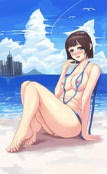 areolae beach blue_eyes blush breasts brown_hair feet female full_body looking_at_viewer mei_(overwatch) nipples nude open_mouth orchid_candy overwatch pussy short_hair sitting solo toes water