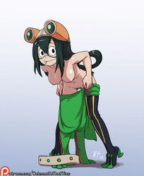 1girls black_hair bodysuit boots breasts dressing female goggles goggles_on_head hero_outfit_(mha) leaning_forward looking_at_viewer my_hero_academia nipples noisetanker pubic_hair smooth_skin solo solo_female solo_focus tongue tongue_out tsuyu_asui