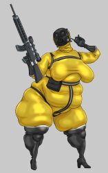 1girls belly big_belly big_breasts breasts chubby chubby_female fat fat_female female female_only gas_mask gun high_boots high_heels holding_weapon huge_belly huge_breasts mask masked masked_female original_character overalls overalls_only rifle rifle_scope sagging_breasts saggy_breasts simple_background solo solo_female standing suit thick_thighs vr457 walkie-talkie weapon white_background yellow_overalls yellow_suit