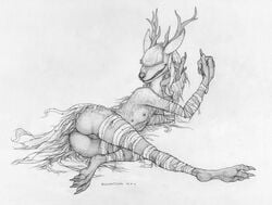 3_toes 4_fingers antlers ass bandage beast_(bloodborne) bloodborne claws detailed_sketch ecmajor female fromsoftware fur greyscale hair horn lying mammal monochrome monster nipples pussy simple_background sketch smile sony_corporation sony_interactive_entertainment teeth toes unknown_species vicar_amelia white_background