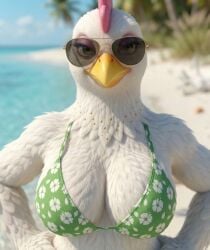 ai ai_generated beach beach_background big_breasts bikini_top chicken chicken_daisy chicken_girl cleavage close_up_view close_view easter female front_view furry hands_on_hips hi_res high_quality seductive_eyes smile standing sunglasses