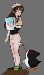 ankle_socks beret bird black_and_white_feathers blue_eyes blush blushing_lines brown_beret brown_hair danganronpa danganronpa_another green_ribbons green_socks holding_sketchbook monocrow nijiue_iroha pale_skin panties panties_pulled_down scared_expression scared_face self_upload sketchbook super_danganronpa_another_2 white_panties