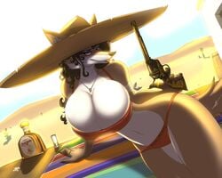 2016 absurd_res anthro bandage beauty_mark big_breasts bikini black_hair breasts brown_eyes cameltoe canine clothing colt_1873 coyote desert female gold_(metal) gun hair handgun hat hi_res huge_breasts jewelry lipstick lying mammal metalfoxxx necklace pose ranged_weapon revolver solo swimsuit tequila thick_bottom_lip weapon