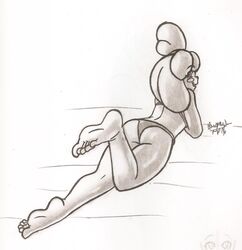 2016 alternate_body_type animal_crossing anthro ass bikini female howsplendid isabelle_(animal_crossing) lying_on_stomach monochrome nintendo solo