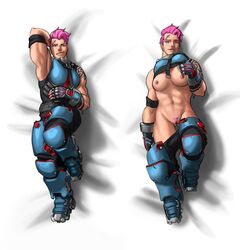 1girls 2d abs areolae armor armpits biceps blizzard_entertainment boots breasts clothed dakimakura facial_scar female female_only female_pubic_hair fingerless_gloves full_body functionally_nude gloves green_eyes highres human jp15comm large_breasts looking_at_viewer lying muscles muscular_female nail_polish nipples on_back overwatch pants_pull pink_hair pink_nails pubic_hair pussy scar shirt_lift short_hair smile solo tattoo undressing zarya