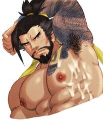 1boy abs armpit bara beard body_hair cum cum_on_boy facial_hair hanzo k-sen male_only muscle nipples overwatch pecs solo tattoo topless yaoi