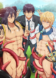 3boys abs blonde_hair demon double_v horns looking_at_viewer male_only muscle muscular muscular_male necktie nipples outdoors pecs public sky smile sword teeth tentacle tentacle_on_male tree undressing v water weapon yaoi ygyg2200