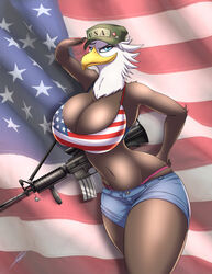 1girls 2016 absurd_res american_flag american_flag_bikini anthro ar15 armpits assault_rifle avian avian_humanoid bald_eagle bare_shoulders beak belly belly_button big_breasts big_thighs bird blue_eyes bra breasts cleavage clothed clothing curvy eagle female female_only furry furry_breasts gun hat hi_res hips huge_breasts humanoid large_breasts looking_at_viewer metalfoxxx midriff navel ranged_weapon rifle salute shorts signature solo solo_female standing thick thick_thighs thighs thong underwear voluptuous weapon wide_hips