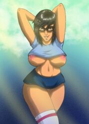 1girls aged_up belly belly_button big_breasts black_hair bob's_burgers breasts brown_eyes exposed_breasts exposed_pussy female female_only glasses hair_accessory hair_ornament hairclip hands_behind_head looking_at_viewer navel nipple_slip nipples no_bra no_panties older omegabrush short_hair smile smiling smiling_at_viewer solo solo_female stockings tina_belcher vulva wide_hips