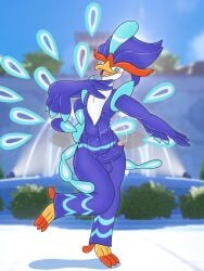 3:4 absurd_res anthro balls blue_body blue_eyes blue_feathers blush bodily_fluids dancing erection feathers foreskin fountain generation_9_pokemon genital_fluids genitals glistening glistening_body hi_res humanoid_genitalia humanoid_penis kamek_sans looking_at_genitalia looking_at_own_penis looking_at_penis looking_at_self male nintendo orange_body orange_feathers penis plant pokemon pokemon_(species) precum precum_string quaquaval scuted_feet scutes shrub solo tremble_spikes unwanted_erection vein white_body white_feathers wide_hips yellow_body