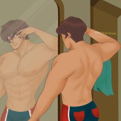 abs ass biceps big_butt big_chest big_pecs brandon brandon_(winx_club) chest gay glitterjester half_naked half_naked_male huge_chest huge_pecs mirror mirror_reflection no_shirt pants_on pecs reflection shiningclown specialist_(winx_club) v_line winx_club yaoi