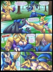 2016 absurd_res animal_genitalia animal_penis anthro anus armpits ass balls battle biped black_sclera blue_balls blue_eyes blue_fur breasts bridal_gauntlets canine canine_penis comic crossover death_battle dialogue digimon english_text erection female fight forest fur heart hi_res knot lucario male mammal mostly_nude mykiio navel nintendo nipples penis pokemon pokemon_(species) pussy red_eyes renamon sheath spikes text tree video_games white_fur yellow_fur