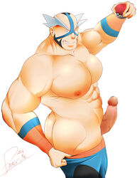 1boy abs ass bara butt_crack crasher_wake erection human looking_at_viewer male male_only muscle nintendo nipples pants_boxer pecs penis pokemon pokemon_dppt silver_hair smile solo teeth topless undressing