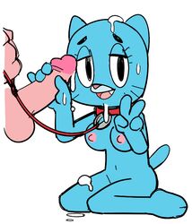 anthro cartoon_network cum cum_on_face feline female handjob human kemono male male_human/female_anthro mammal nicole_watterson penis simple_background smile the_amazing_world_of_gumball watatanza watatanza_(pixiv)