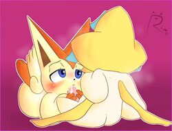 1boy 2016 ambiguous_gender blue_eyes blush cum cum_in_mouth cum_inside fellatio furry gradient_background hi_res interspecies jirachi legendary_pokemon male mammal nintendo oral orgasm penis pokemon pokemon_(species) rime_the_vixen sex simple_background victini video_games