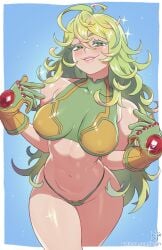 1girls artist_name big_breasts boku_no_hero_academia busty curvy gloves green_eyes green_hair hips kajinman light-skinned_female light_skin midriff my_hero_academia sparkles thick_thighs thong tooru_hagakure