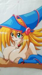 1boy bare_shoulders blonde_hair breast_grab breasts cum dark_magician_girl duel_monster facial female green_eyes hasamimushi highres large_breasts long_hair magical_girl masturbation nipples nude paizuri penis picture_of_picture scissor_insect straight sweat tears traditional_media uncensored witch_hat yu-gi-oh! yuu-gi-ou_duel_monsters