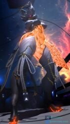 3d_(artwork) 4k 9:16 absurd_res anthro breasts canid canine canis clothing digital_extremes digital_media_(artwork) ember_(warframe) ember_heirloom_(warframe) female footwear fur genitals glowing glowing_body glowing_eyes glowing_genitalia glowing_markings glowing_vulva hi_res high_heels legwear looking_at_viewer low-angle_view mammal markings medium_breasts nipples nude nude_anthro nude_female orange_body orange_fur red_eyes samtrix shoes solo space standing tail tencent thick_thighs thigh_highs vulva warframe wolf