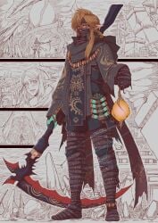 1boy blonde_hair blue_eyes earrings gloves highres holding holding_lantern holding_sickle jewelry jun_wu_mo lantern link male_focus pointy_ears princess_zelda sickle sidelocks the_legend_of_zelda the_legend_of_zelda:_tears_of_the_kingdom weapon