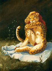 2016 anthro areola armpits breasts digitigrade feline female fur grass hair leopard mammal midriff navel nipples nude pawpads pubes red_hair scale_(artist) sitting spots spotted_fur tan_nose traditional_media_(artwork) yellow_fur