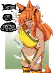1girls blush breasts dog_tags english_text eyebrows_visible_through_hair fangs female female_only horse_ears horse_girl looking_at_viewer mayano_top_gun_(umamusume) medium_breasts navel nipple_bulge open_mouth orange_hair pulling_down_shorts shorts smile solo striped_thighhighs talking_to_viewer tan_body tan_lines the_varking thevarking thighhighs tied_hair toned tugging_clothing twintails umamusume umamusume_pretty_derby yellow_eyes
