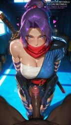 1boy 1girls ai_generated armor blue_eyes blue_nails blurry blurry_background blush breasts chest_sarashi cleavage clothed_female_nude_male covered_mouth dark-skinned_male dark_skin elbow_gloves erection female fingerless_gloves fingernails gloved_handjob gloves handjob heart indoors interracial japanese_clothes katana kimono large_breasts large_penis long_hair looking_at_viewer male male_pubic_hair marvel marvel_comics meitabuu nude parted_bangs penis penis_grab ponytail pov pov_crotch precum pubic_hair purple_hair red_scarf sarashi sash scarf sheath sheathed shoulder_armor single_bare_shoulder solo_focus standing straight sweat sword thighhighs thighs two-handed_handjobpsylocke uncensored veins veiny_penis weapon weapon_on_back